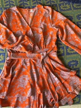 Orange and periwinkle Textured Floral Jacquard romper